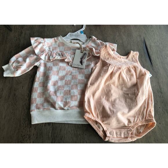 Jessica Simpson Pink and White Ruffle Sweatshirt and Carters Peach Onesie - 3/6M - Picture 1 of 6